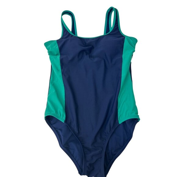 Lands' End Fully Lined Scoop Neck One-Piece Swimsuit Navy/Green Athletic M - Picture 4 of 8
